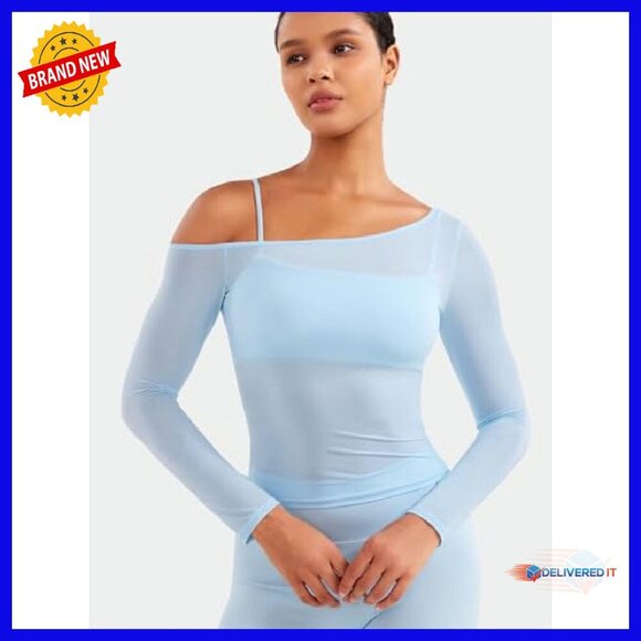 Sheer Long Sleeve Crop Top, One Shoulder Yoga Tee, Quick-Dry Workout - Picture 4 of 8
